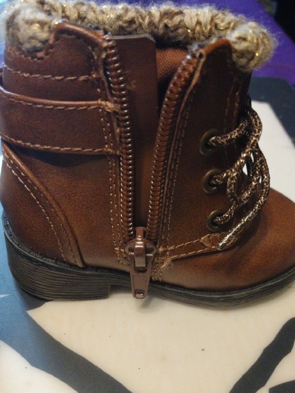 wonder nation Brown Faux-Leather Knit Cuff Kids Boots - Picture 3 of 7